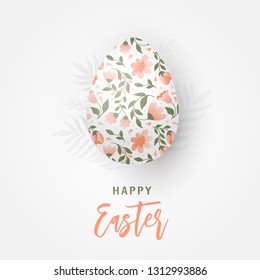 Greeting card with Easter egg and floral ornament isolated on white background. Happy Easter. Vector illustration