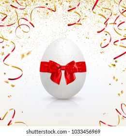 greeting card with easter egg and golden confetti on light background