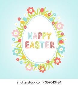 Greeting card with Easter egg, grass, flowers and phrase Happy Easter. Perfect for spring design and holiday greetings. Vector illustration