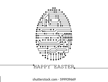Greeting card with Easter egg made of lines and dots in futuristic stile. Happy Easter  inscription. Technical illustration made for banner/poster/postcard/web. Black and white. Vector abstract image