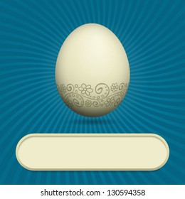 Greeting card with Easter egg on blue background with place for text