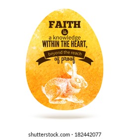 Greeting card with Easter egg symbol. Typographical watercolor background