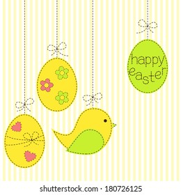 Greeting card with Easter eggs and bird in patchwork style