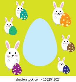greeting card with easter eggs and bunnies in kawaii style with copy space