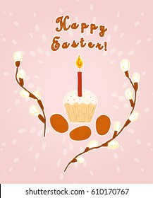 Greeting card with Easter eggs and cake and branches of pussy willow on a light red background with speckles. Lettering - Happy Easter. Vector eps 10.