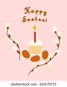 Greeting card with Easter eggs and cake and branches of pussy willow on a light red background. Lettering - Happy Easter. Vector eps 10.