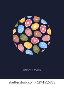 Tarjeta de saludo con huevos de Pascua en círculo sobre un fondo oscuro de estilo plano. Ilustración de material vectorial