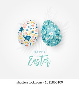Greeting card with Easter eggs and floral ornament isolated on white background. Happy Easter. Vector illustration