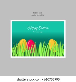 Greeting card with Easter eggs in the grass. Vector illustration.