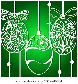 Greeting card with Easter eggs for laser cutting.  Laser cutting template. Easter silhouette elements. Spring of template illustration.