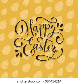 Greeting card with Easter eggs on yellow background. Happy Easter wording. Easter eggs with ornaments seamless pattern with text.