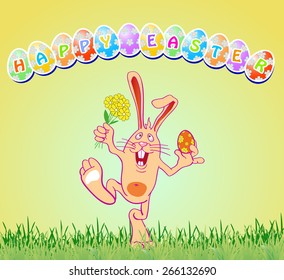 greeting card with easter eggs and rabbit, vector illustration