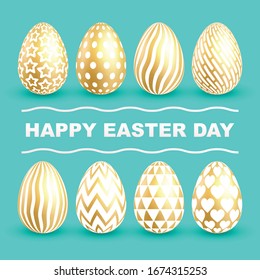 Greeting card for Easter. Eight golden eggs with white ornament.