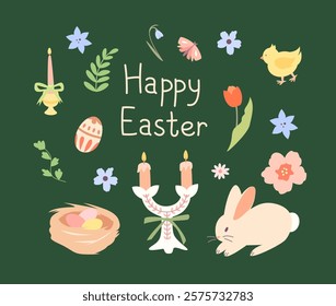 Greeting card with Easter elements. Rabbit, eggs, flowers, nest