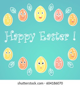 A greeting card for Easter, with emotional bright colored Easter eggs, white lines for decoration, with a font in the middle of the card.