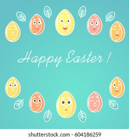 A greeting card for Easter, with emotional bright colored Easter eggs, white lines for decoration, with a font in the middle of the card. A handwritten, reserved font.