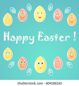 A greeting card for Easter, with emotional bright colored Easter eggs, white lines for decoration, with a font in the middle of the card. Funny fancy font.