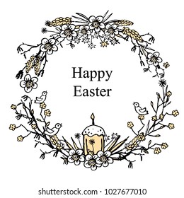 Greeting card for Easter with floral wreath with egg, bird, easter cake and brunches. Hand drawn vintage background. Vector