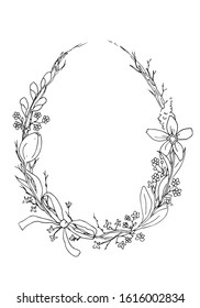 Greeting card for Easter with floral wreath in shape of egg. Vector illustration. Spring frame.