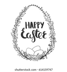 Greeting card for Easter with floral wreath in shape of egg, bird nest and hand drawn lettering. Vector illustration. 