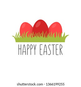 Greeting card for Easter. Happy Easter. Illustration of Easter eggs of red color in green grass.