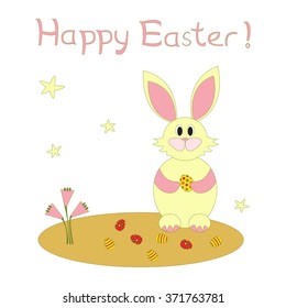 Greeting card for Easter. Happy rabbit with colored eggs enjoy by spring holiday Easter. 