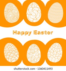Greeting card with easter holiday. white and orange colors. inscription happy easter. Easter eggs with decorative patterns.