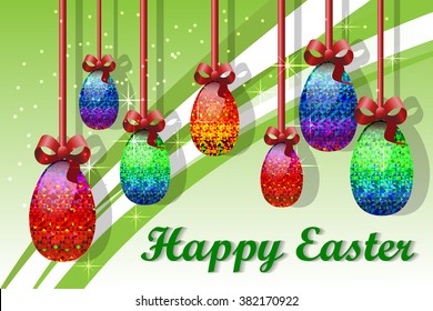 greeting card with Easter with image of seven easter eggs on a ribbon