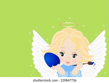 greeting card for Easter with little angel and painted eggs