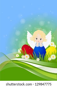 greeting card for Easter with little angel and painted eggs
