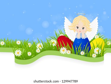 greeting card for Easter with little angel and painted eggs