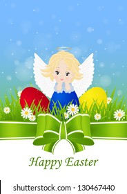 greeting card for Easter with little angel and painted eggs