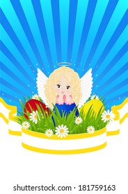 greeting card for Easter with little angel and painted eggs