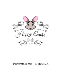 Greeting card with with Easter rabbit, Easter Bunny. Swirls, filigree and flourish elements. Vector illustration.