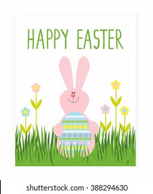 Greeting card with the Easter rabbit with egg. Template Easter greeting card
