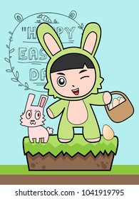 Greeting card with with Easter rabbit. Funny bunny character concept . Easter Bunny cute character design.