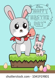 Greeting card with with Easter rabbit. Funny bunny character concept . Easter Bunny cute character design.