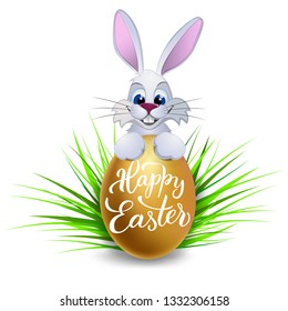 Greeting card with Easter rabbit,  golden egg and original hand lettering Happy Easter.  Vector illustration print and web projects. 