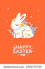 Greeting card with Easter rabbit on red background for Your spring holiday design