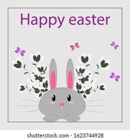 Greeting card for Easter. Rabbit with willow and cute butterflies. Vector.