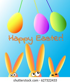 Greeting card with Easter rabbits and colored eggs. Easter Bunnies. Egg hunt. Happy Easter!