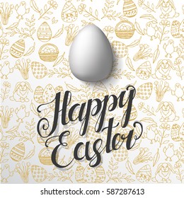 Greeting card for Easter with symbols and lettering. Golden and black. Hand made calligraphy. Vector 