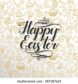  Greeting card with Easter symbols and lettering. Golden and black. Hand made calligraphy. Vector 