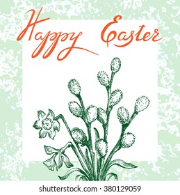 Greeting card with Easter symbols and original lettering. Grange background.