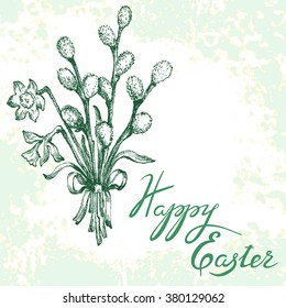 Greeting card with Easter symbols and original lettering. Grange background.