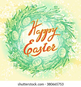 Greeting card with Easter symbols and original lettering. Grange background.