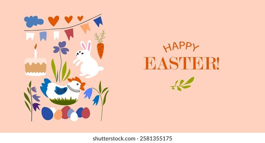 Greeting Card with Easter symbols. Simple elements. Vector design illustrations . Easter theme.