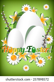 Greeting card for Easter with white paper eggs and spring flowers on green background. Vector illustration