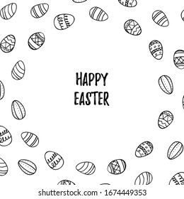 Tarjeta de felicitación. Corona de Pascua con huevos de Pascua dibujados a mano en negro sobre fondo blanco. Marco decorativo de huevos. Huevos de Pascua con adornos en forma de círculo.