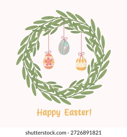 Cartão de saudação da coroa de Páscoa feita de ramos de oliveira Pendurando ovos decorados. Ideal para férias de primavera, cartões de felicitações, convites, impressões, projetos de design. Texto Feliz Páscoa